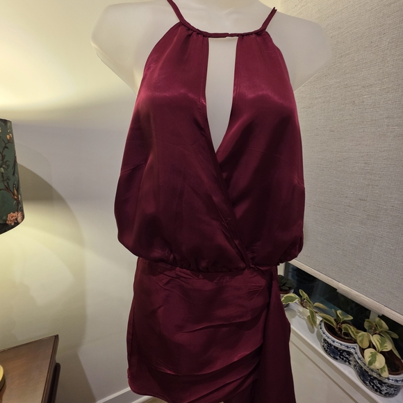 HALARA Wine Satin Halter Wrap Mini Dress - Picture 2 of 10